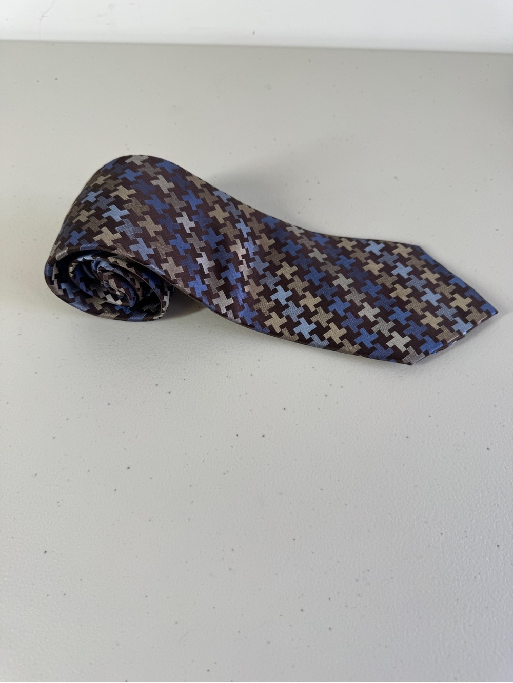 Joseph & Feiss Silk Tie Brown Blue Geometric Print Business Classic Jacquard - Picture 2 of 13